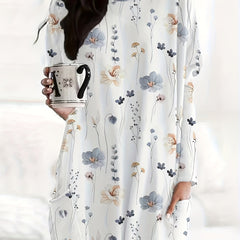 Floral Print Long Sleeve Pocketed Tee Dress