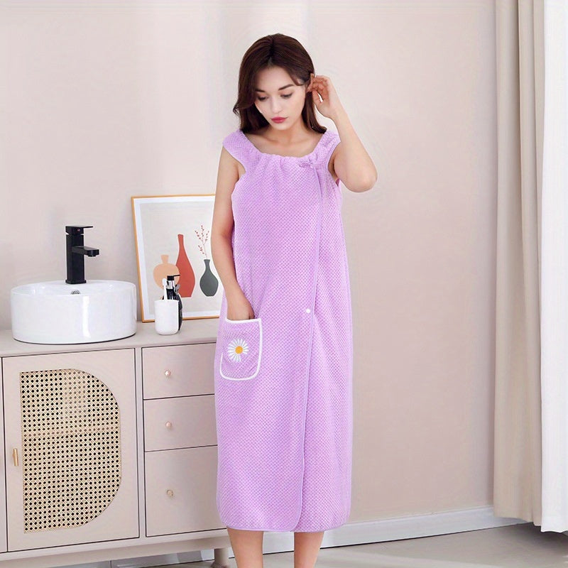 Flower Embroidery Coral Velvet Bath Skirt with Pocket