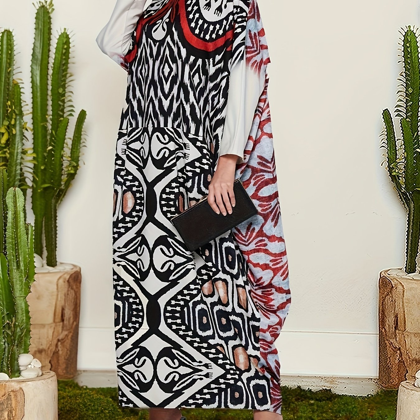 Retro Kaftan Dress Plus Size Graphic Print Batwing Sleeve Maxi Dress
