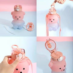 Cartoon Bear Water Bottle 27oz Leak Proof BPA Plastic Straw and Strap