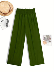  Wide Leg Pants Shirred Waist High Rise Solid Casual