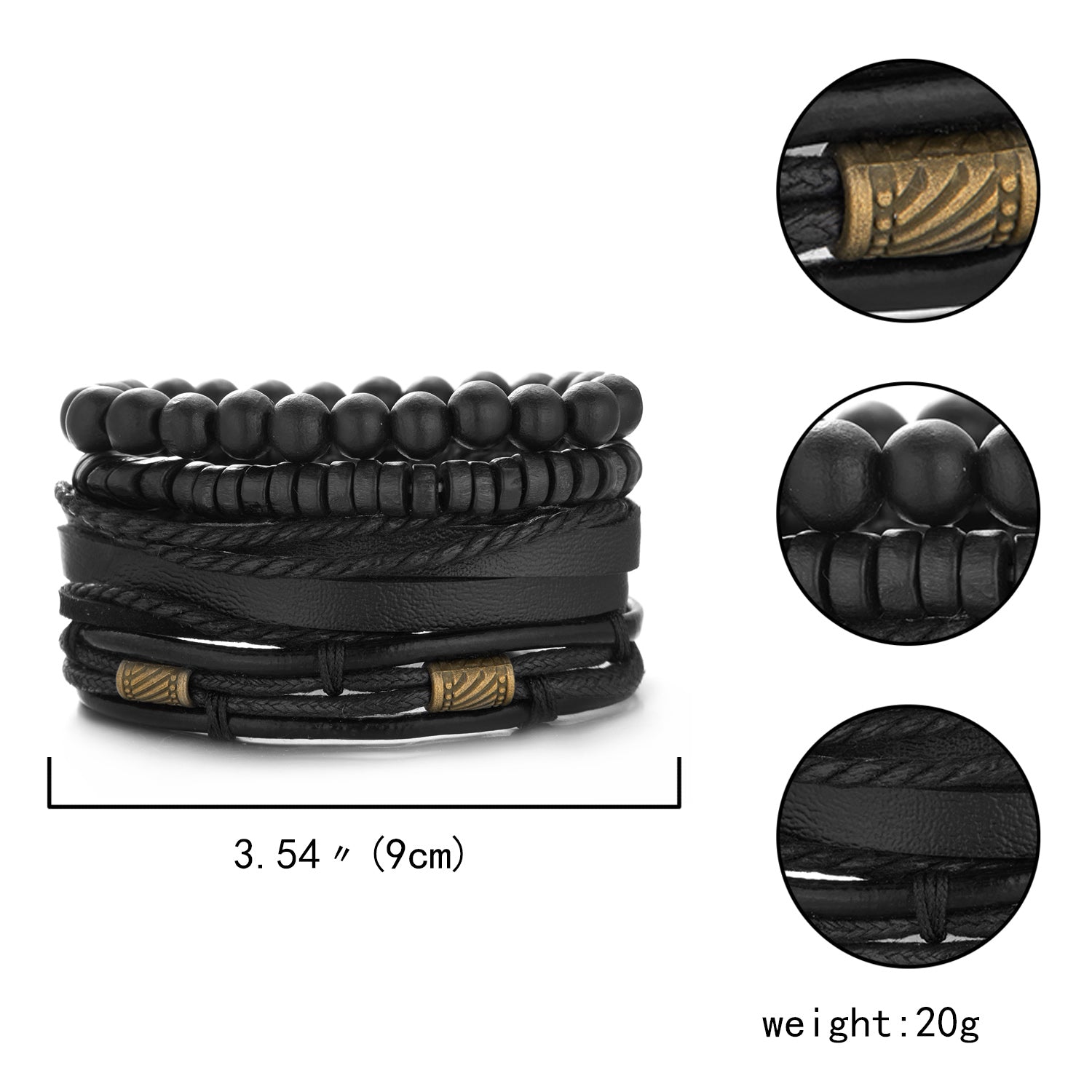 Men's Wooden Beaded Braided Leather Bracelet Set