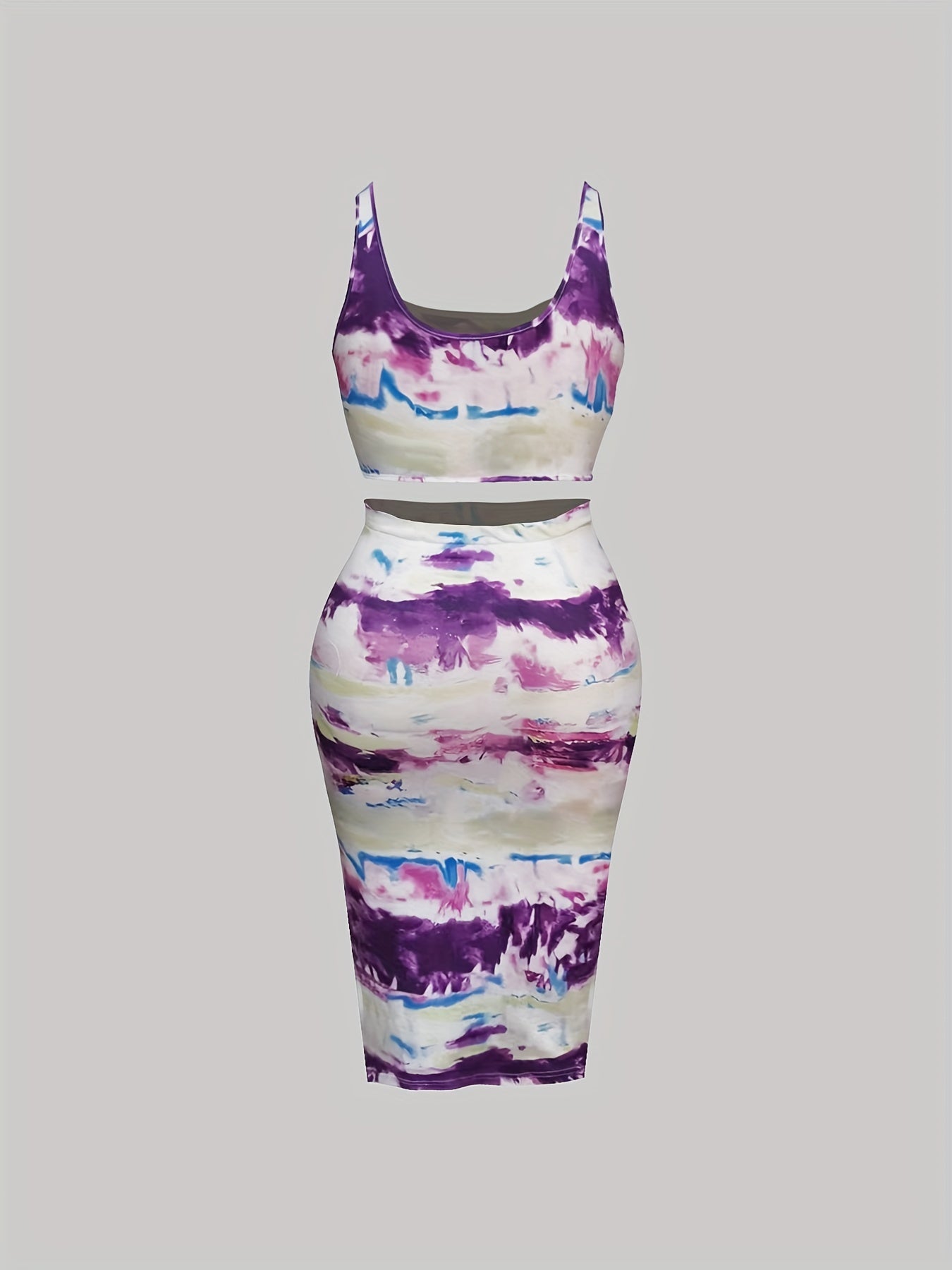 Women's Plus Tie Dye Tank Crop Top & Belted Skirt Outfit Set