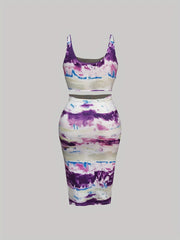 Women's Plus Tie Dye Tank Crop Top & Belted Skirt Outfit Set