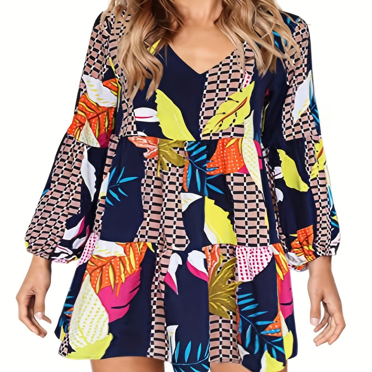  Colorblock Gingham & Tropical Print V Neck Mini Dress