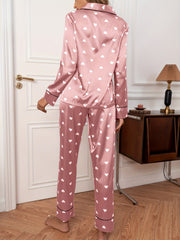 Red Satin Heart Pattern Pajama Set Long Sleeve Top & Pants Women's Loungewear
