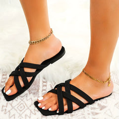Women's Solid Square Open Toe Flat Slides Cross Strap Casual Slide Shoes