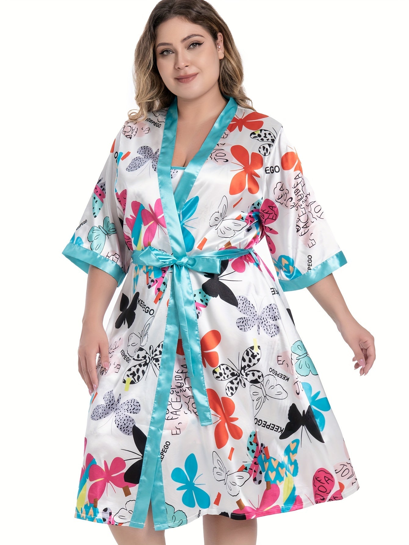  Butterfly Print Cami Dress & Robe Lounge Set