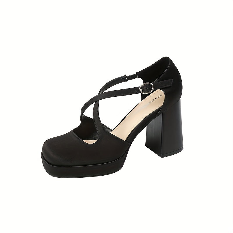 Solid Block Heeled Pumps Square Toe Dress Pumps Cross Buckle Strap Heels