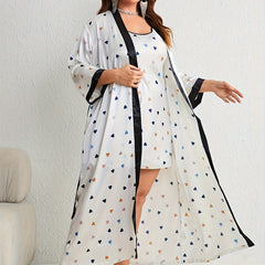  Colorful Heart Print Robe & Cami Dress Pajamas Set