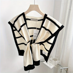 Striped Knitted Shawl Lace Up Cape Windproof Shawls False Collar