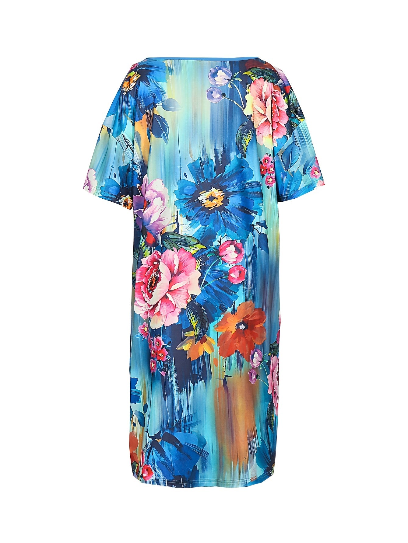 Women's Plus Floral Print V Neck Dress with Pockets