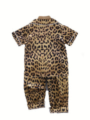 Kid's Leopard Satin Pajama Set Short Sleeve Top & Pants