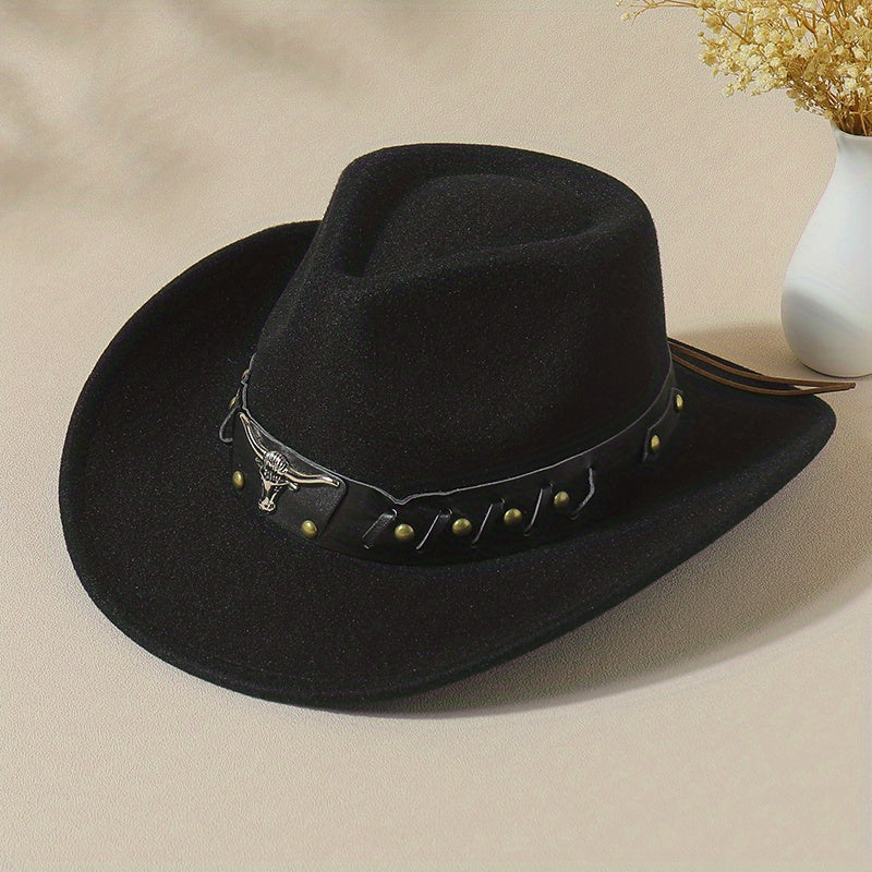 Bull Head Belt Decor Fedora Cap Western Cowboy Cowgirl Hat