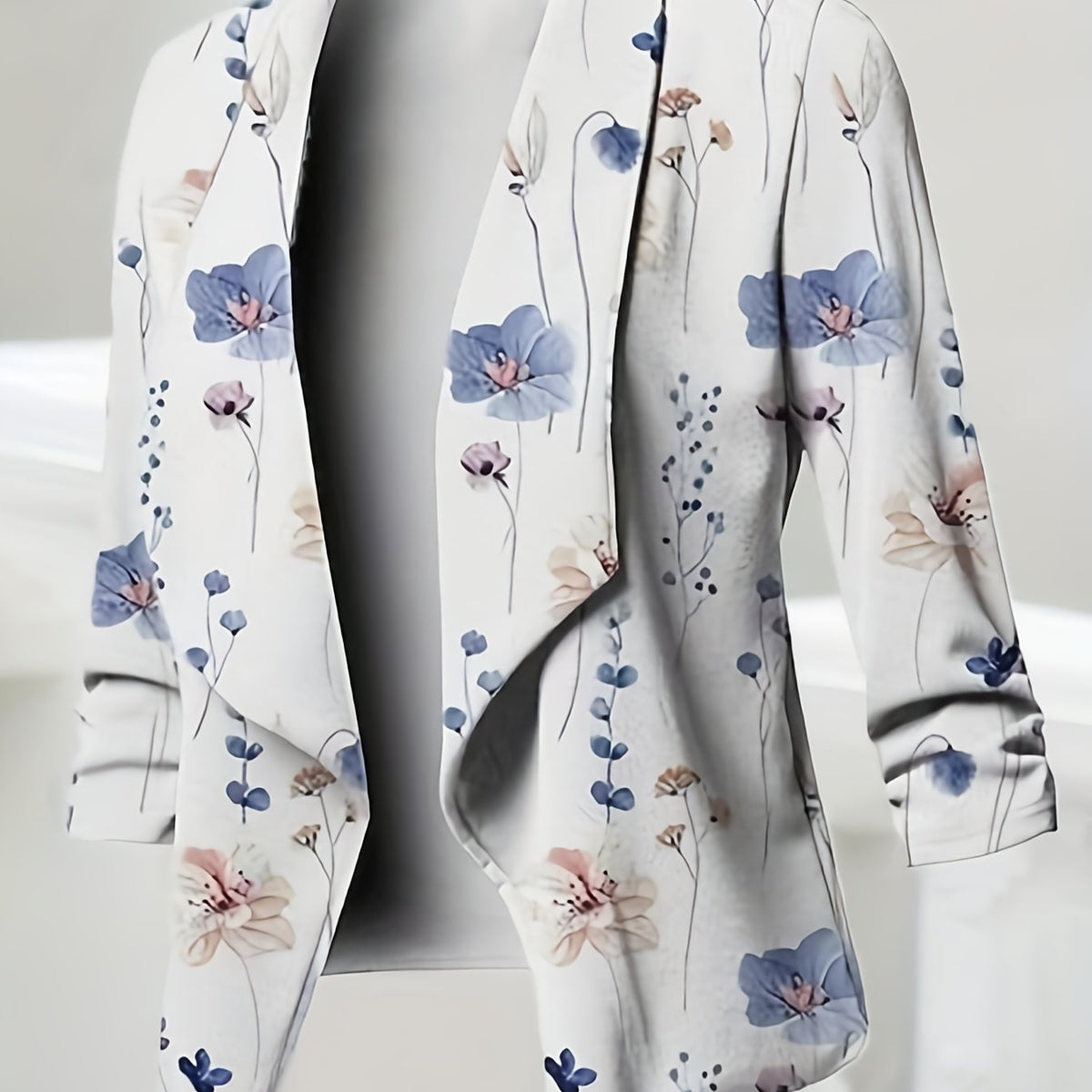  Floral Print Long Sleeve Lapel Collar Blazer
