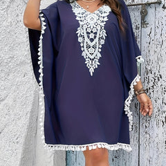  Solid Applique Batwing Sleeve Dress