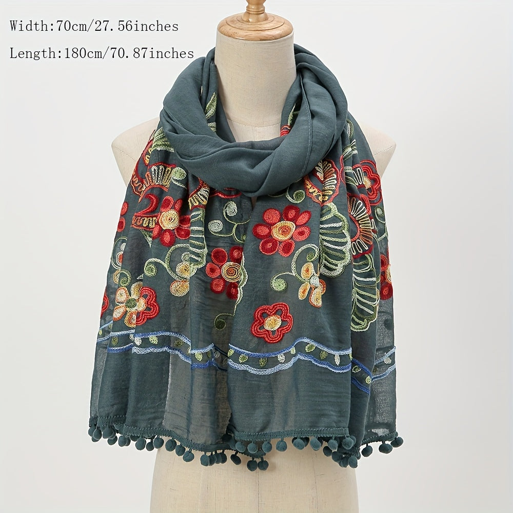 National Style Embroidered Tassel Scarf Light Thin Breathable Shawl for Women