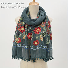 National Style Embroidered Tassel Scarf Light Thin Breathable Shawl for Women