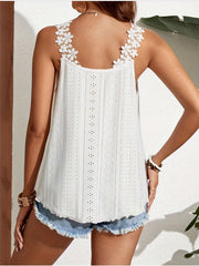 Eyelet Double Spaghetti Strap Top Casual Floral Lace Strap Sleeveless Cami Top
