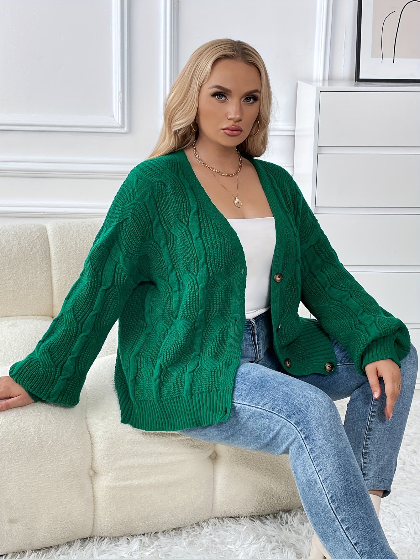  Solid Cable Long Sleeve Button Up Cardigan