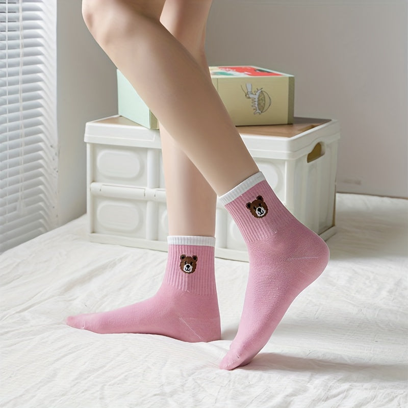 6 Pairs Bear Print Socks Comfy Mid Tube Women's Stockings