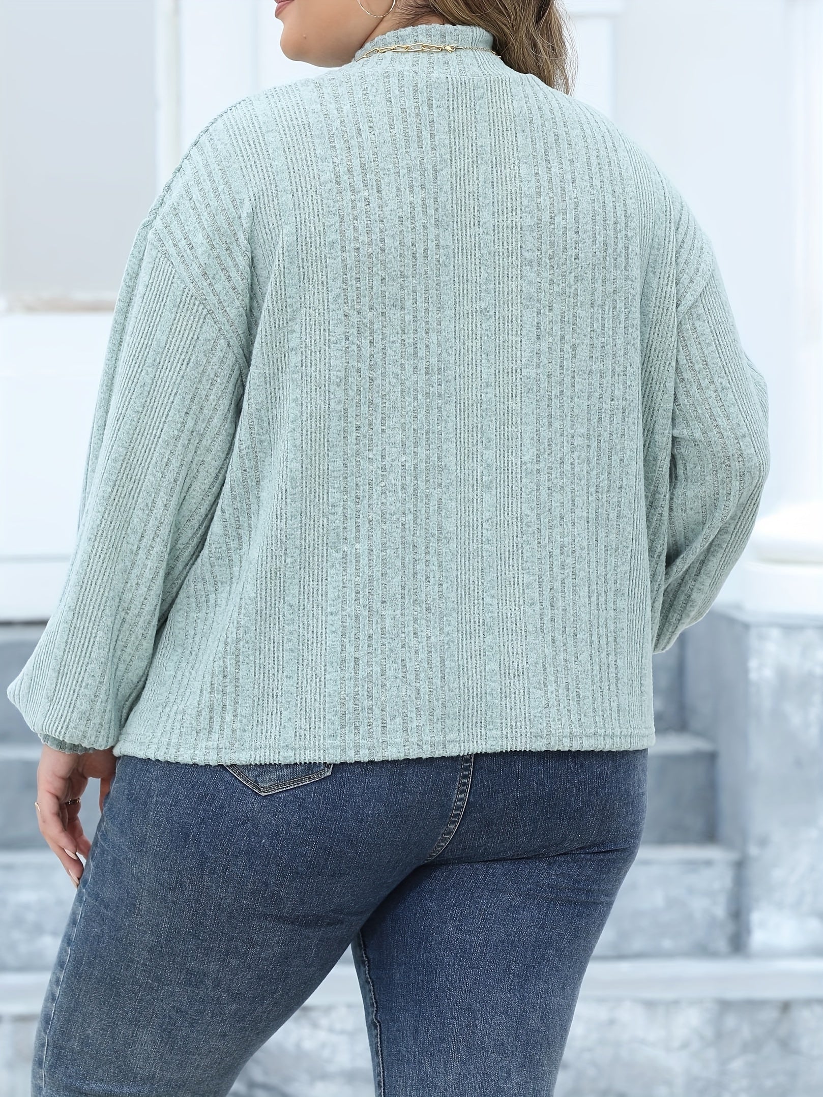  Casual Knit Top Solid Lantern Sleeve Round Neck Jumper