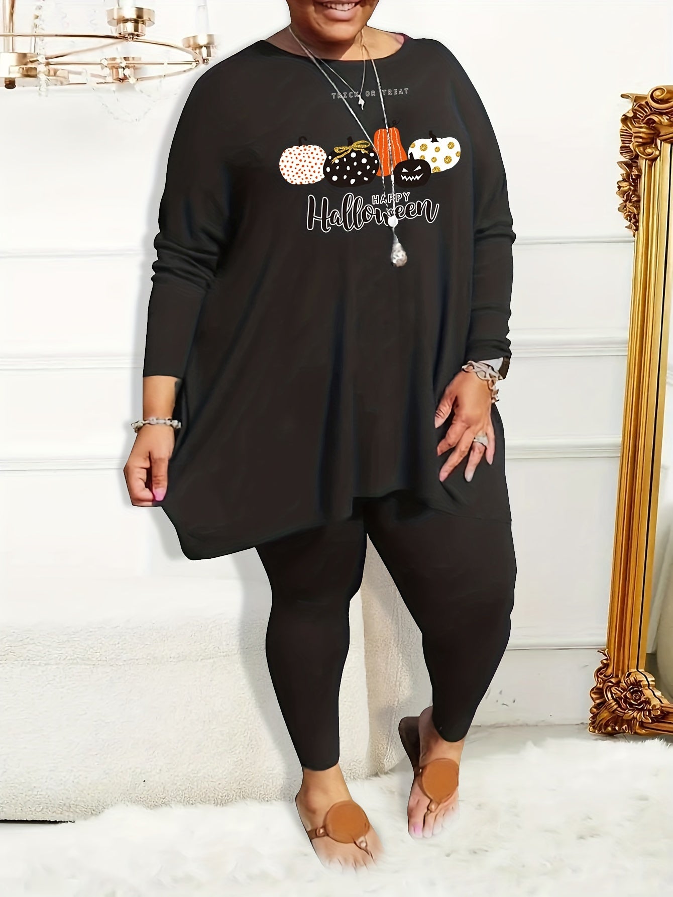  Halloween Pajama Set Women's Pumpkin Print Tee & Leggings Loungewear