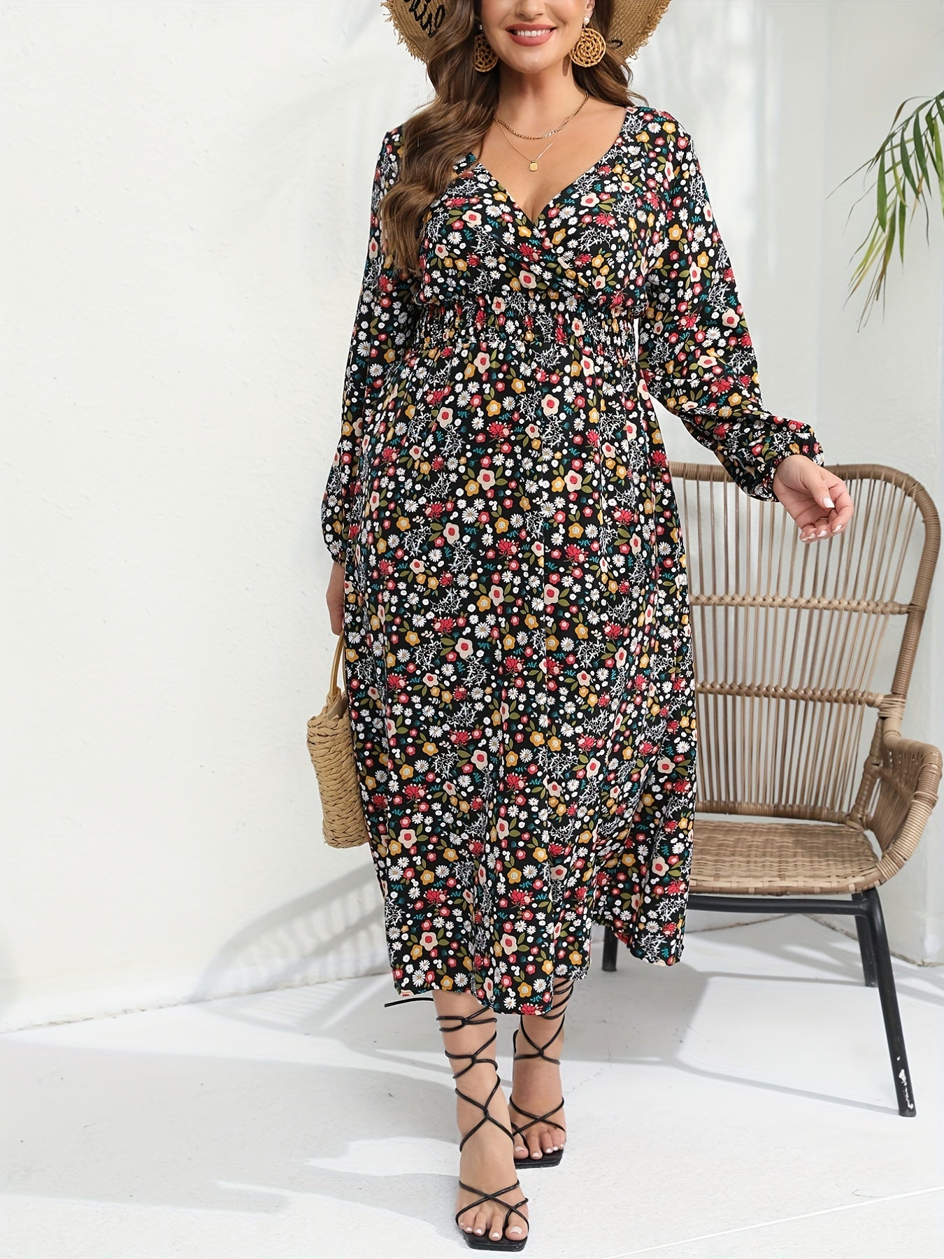  Ditsy Print Long Sleeve Surplice Neck Maxi Dress