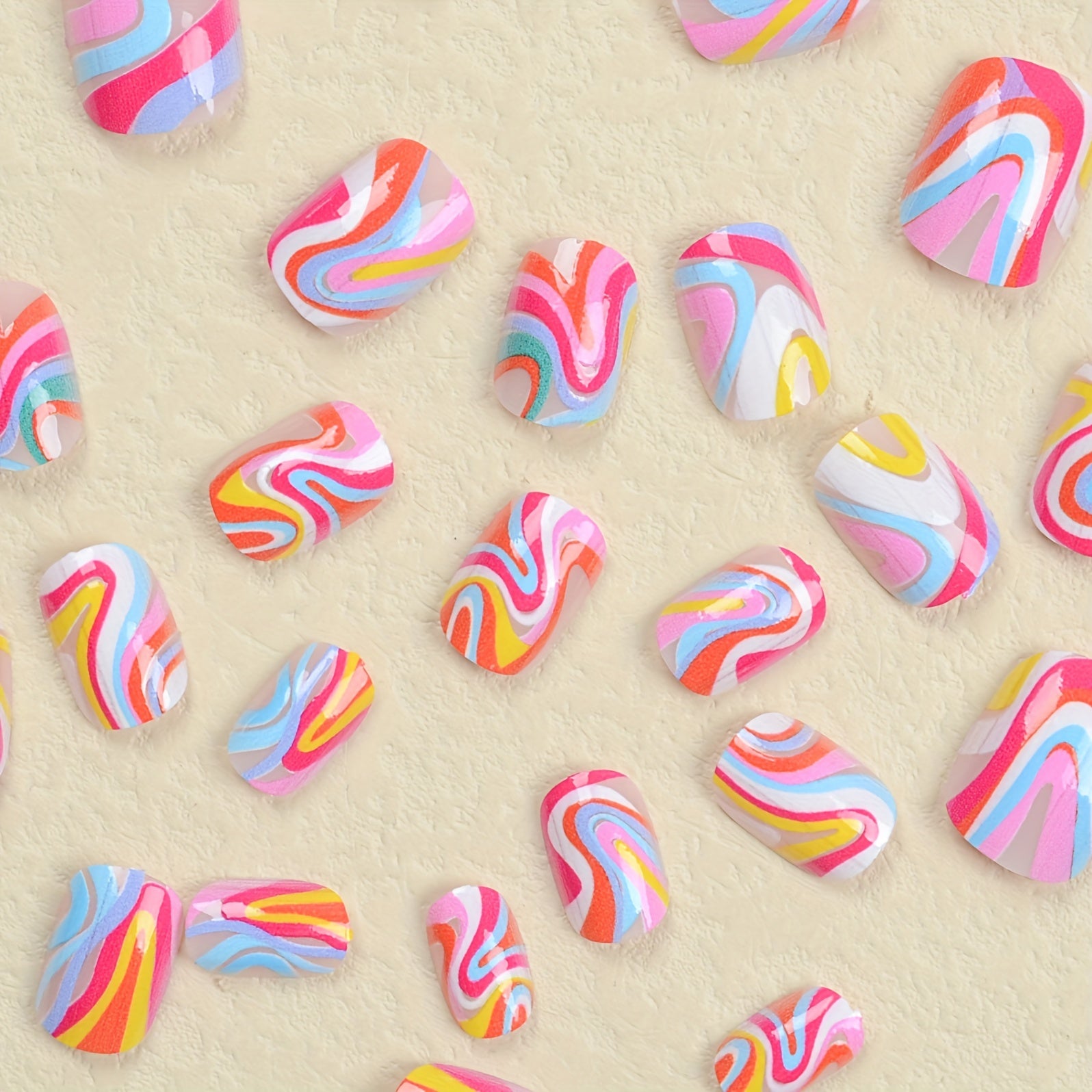 24pcs Rainbow Swirl Press On Nails Glossy Full Coverage Short Oval False Nails