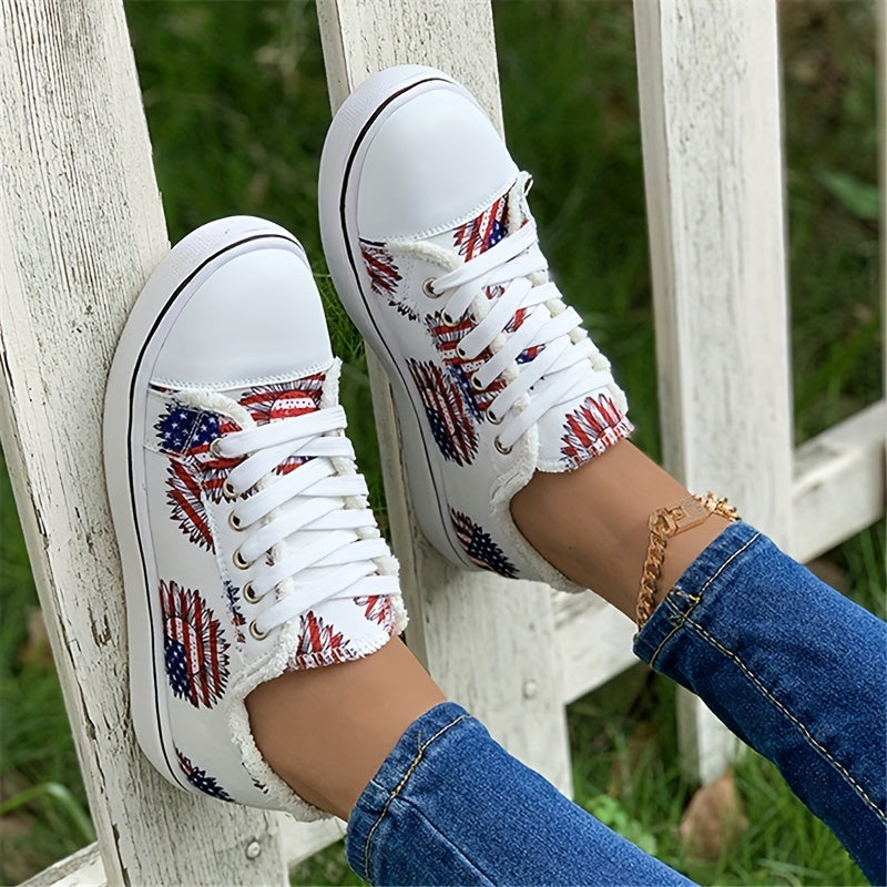 4th of July Sunflower Print Canvas Shoes Low Top Lace Up Sneakers