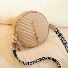 Chevron Quilted Round Bag Tassel Crossbody Bag Women's Small Circle Purse