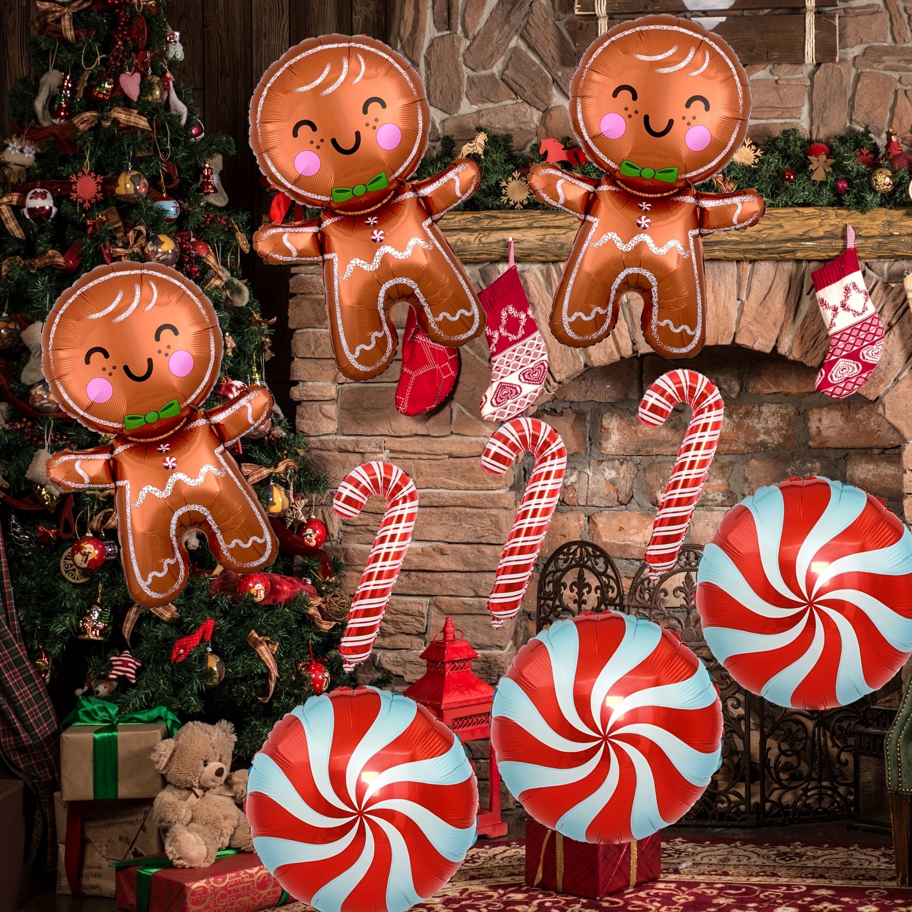 Red Gingerbread Person Crutches Round Sugar Balls Balloons Christmas Decorations