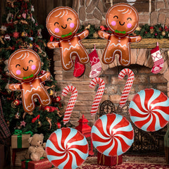 Red Gingerbread Person Crutches Round Sugar Balls Balloons Christmas Decorations