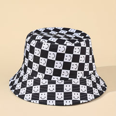 Mens Checkerboard Happy Face Polyester Bucket Hat