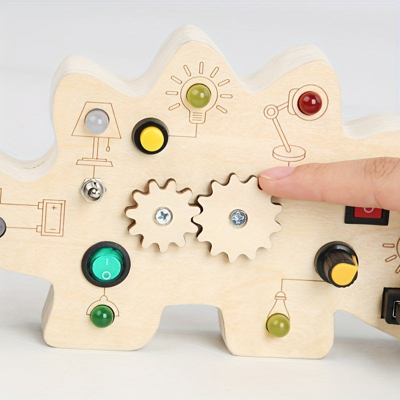 LED Wooden Dinosaur Busy Board Sensory Toy Montessori Infant Child Education