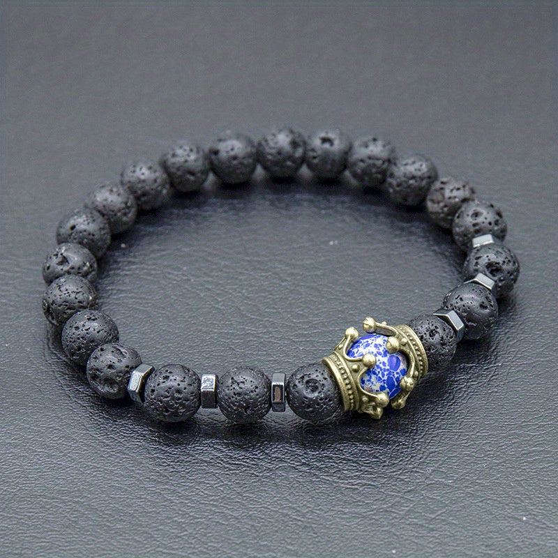 Crown Tiger Eye Bead Bracelet Men's Jewelry