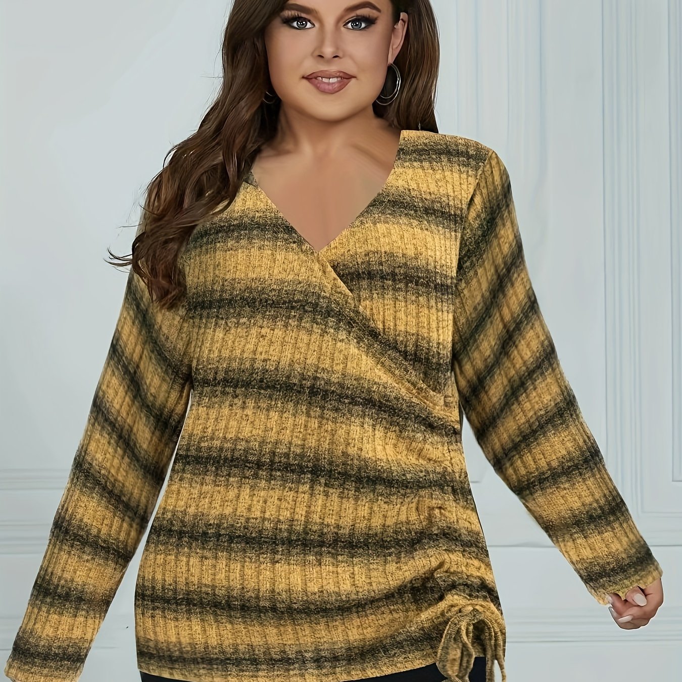  Stripe Print Surplice Neck Knit Top