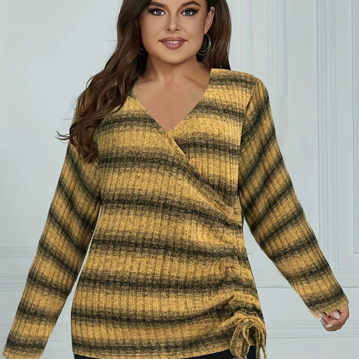  Stripe Print Surplice Neck Knit Top