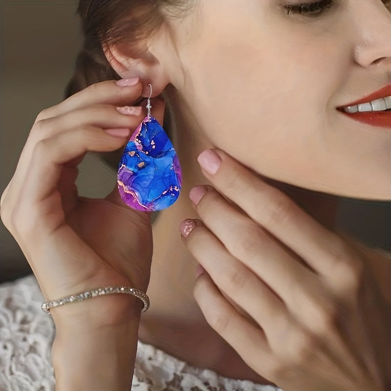 Purple Pattern Teardrop Dangle Earrings PU Leather Jewelry