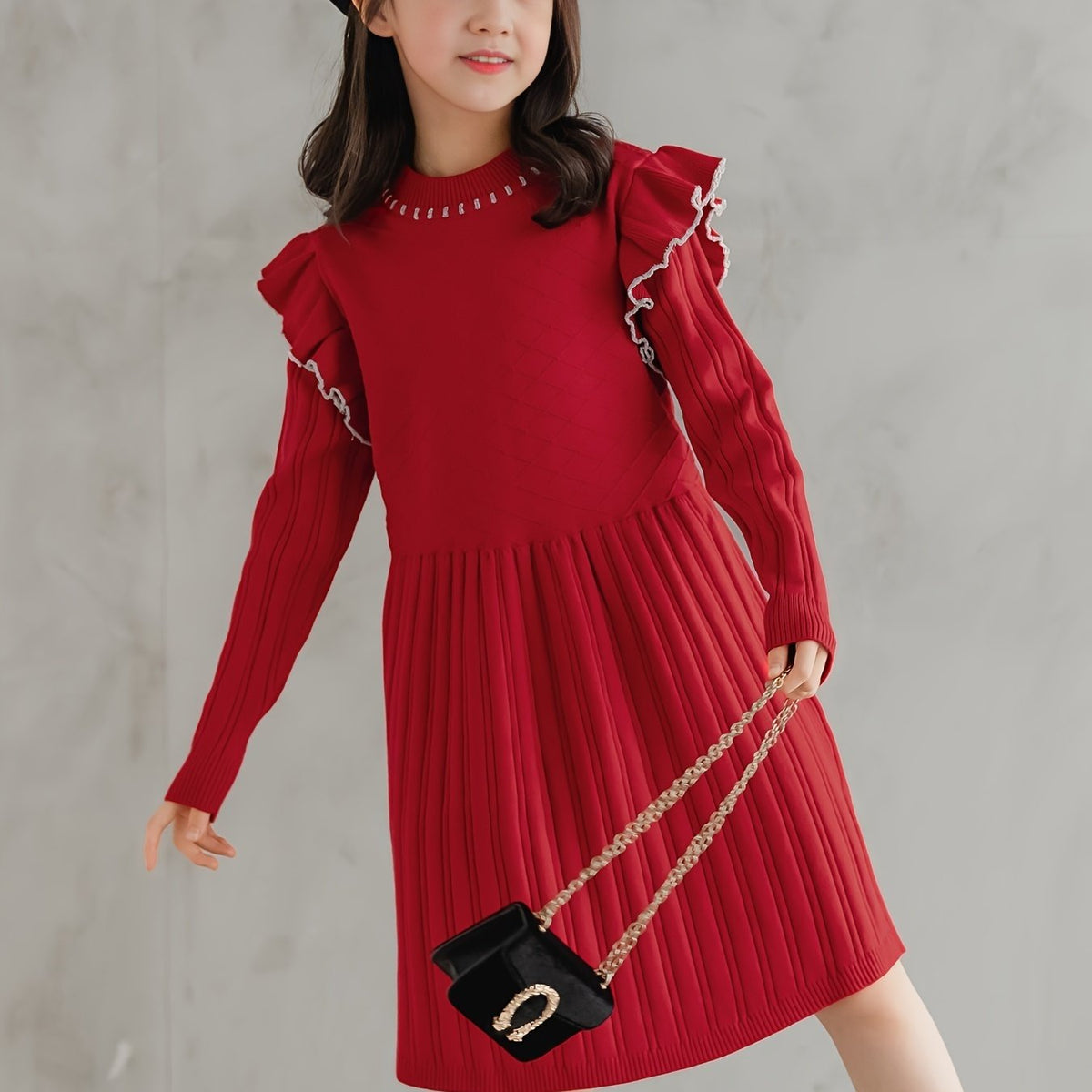 100% Cotton Girls Vintage Ruffle Trim Long Sleeve Knit Dress