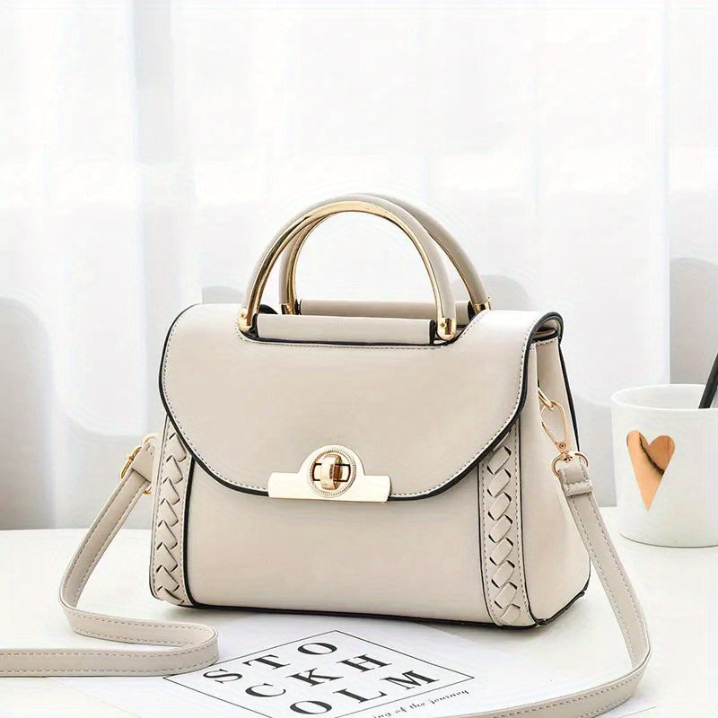 Top Handle Shoulder Bag Turn Lock PU Leather Handbag