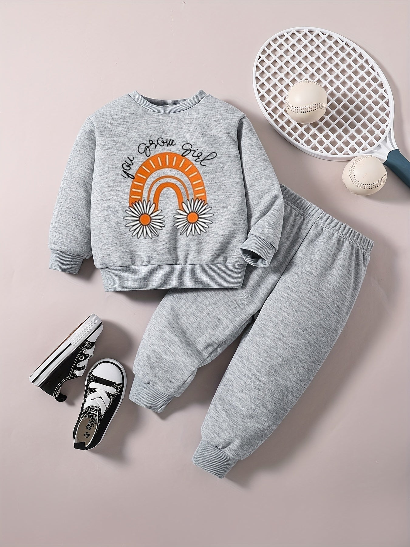 Baby Girl Rainbow Flower Letter Print Sweatshirt Trousers Set