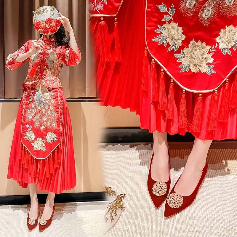 Red Pointed Toe Low Heel Pumps with Faux Pearls