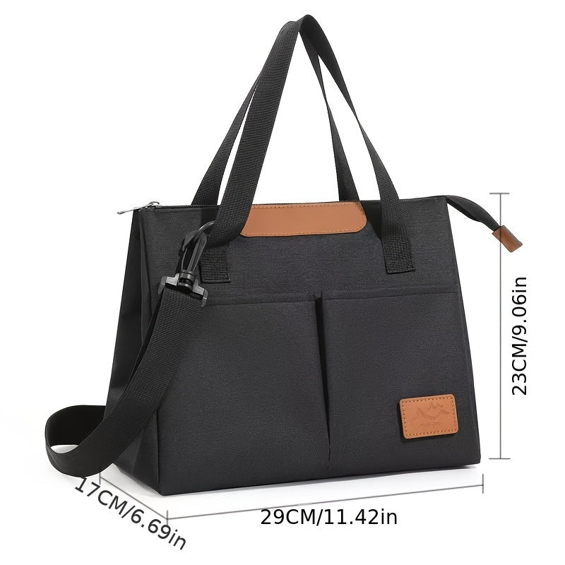 Gray Oxford Fabric Insulated Lunch Bag with Faux Leather Accents