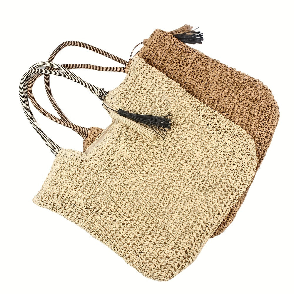 Large Capacity Straw Tote Bag Woven Shoulder Bag With Tassel Decor