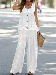 Casual Eyelet Tank Top & Wide Leg Pants Set Women's Outfit