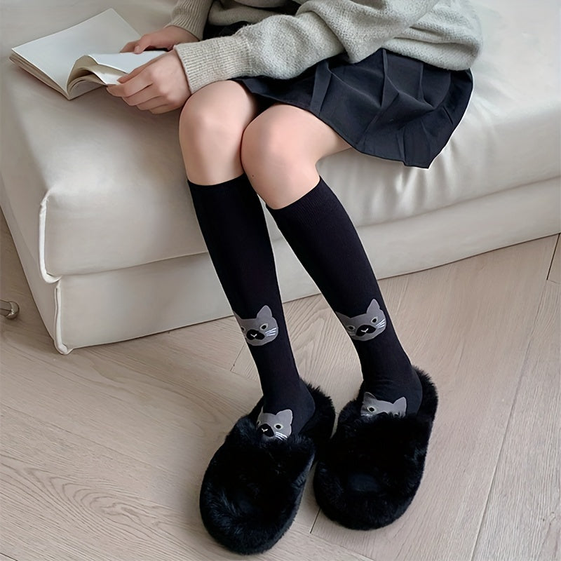 3 Pairs Cat & Argyle Calf Socks Bow Knee High Socks Women's Stockings