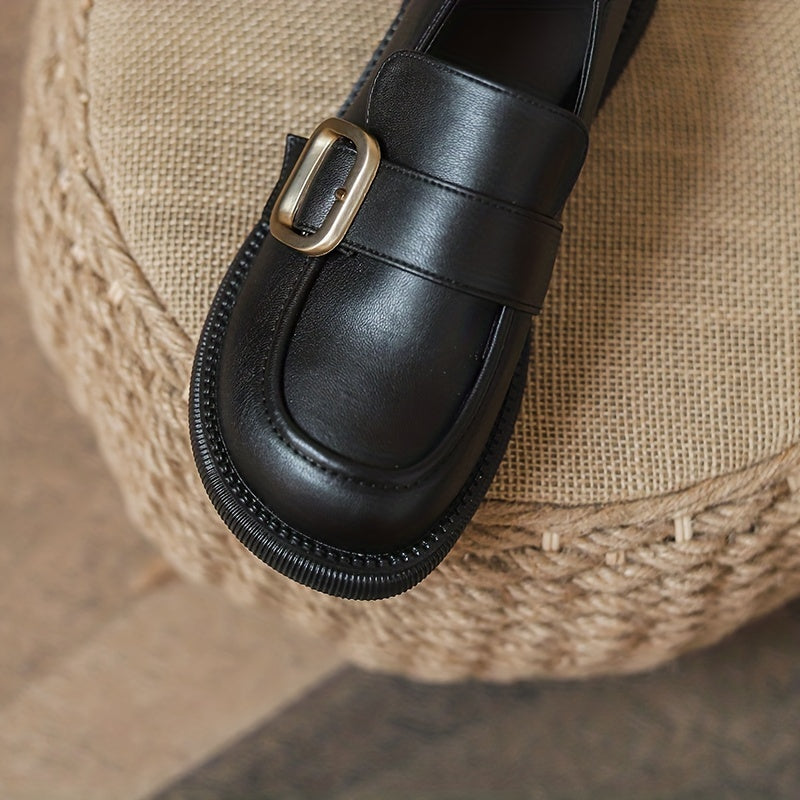 Chunky Heel Loafers Retro Buckle Faux Leather Shoes Comfortable Walking