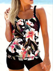  Floral Print Tankini Set Women's Plus Swimsuit Two Piece