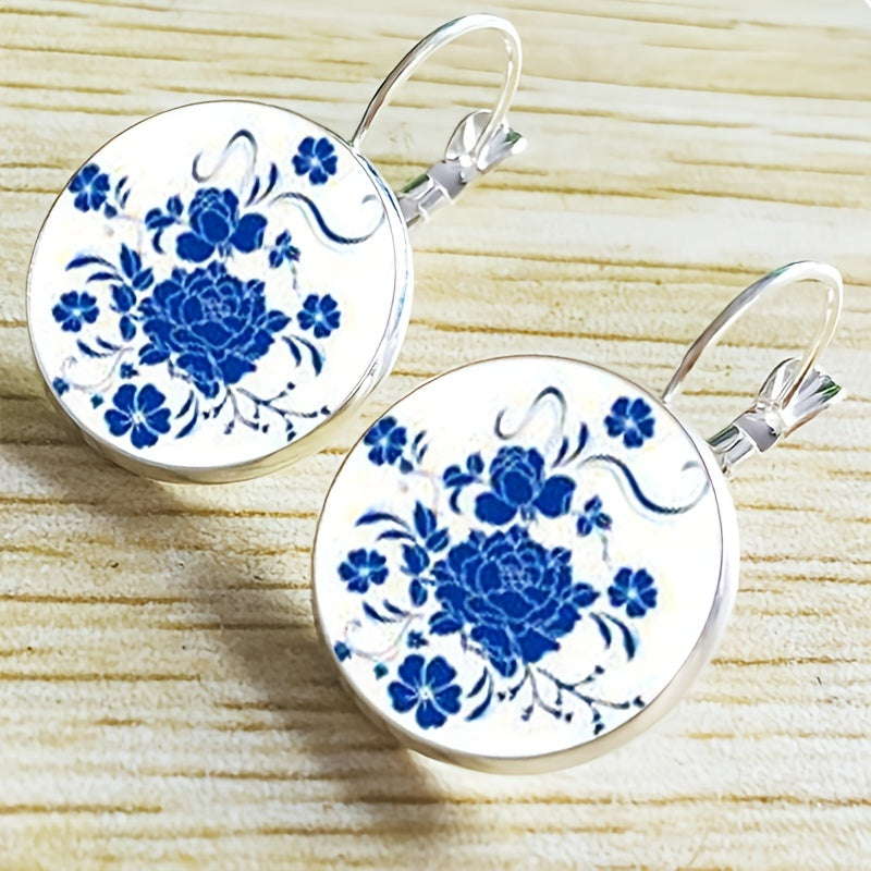 Chinese Style Time Gemstone Flower Porcelain Earrings Ear Hook